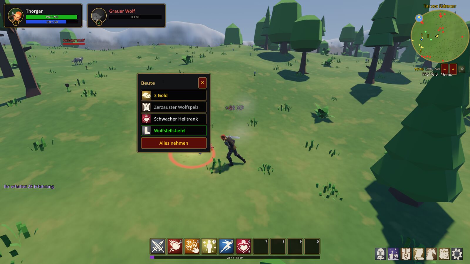 A player loots a wolf; the loot window shows gold, a pelt, a potion and green boots